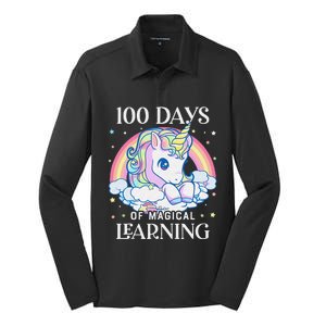 100th Day of School Unicorn 100 Magical Days Teacher Girls Silk Touch Performance Long Sleeve Polo