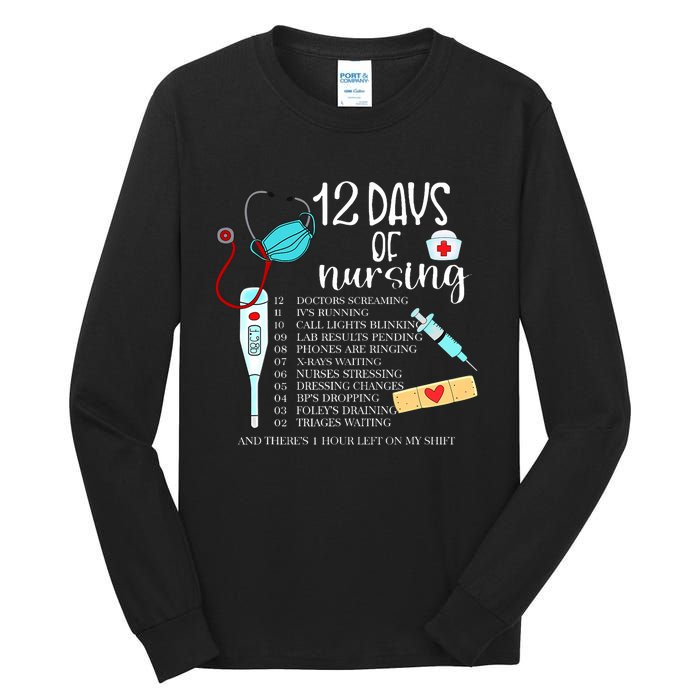 12 Days Of Nursing Funny Nurse Christmas Cute Xmas Tall Long Sleeve T-Shirt