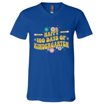 100 Days Of Kindergarten Groovy Kindergarten Teacher Great Gift V-Neck T-Shirt