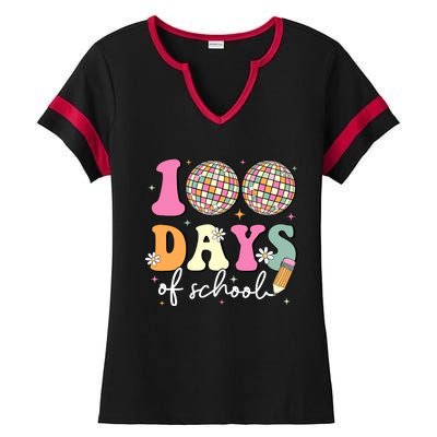 100 Days Of School Teachers Retro Disco 100th Day Of School Ladies Halftime Notch Neck Tee