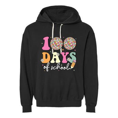 100 Days Of School Teachers Retro Disco 100th Day Of School Garment-Dyed Fleece Hoodie