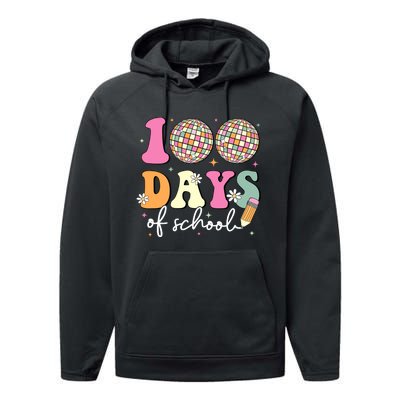 100 Days Of School Teachers Retro Disco 100th Day Of School Performance Fleece Hoodie