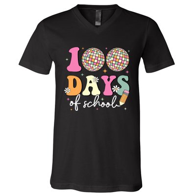 100 Days Of School Teachers Retro Disco 100th Day Of School V-Neck T-Shirt