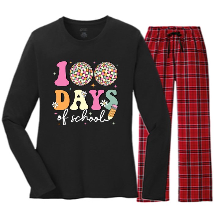 100 Days Of School Teachers Retro Disco 100th Day Of School Women's Long Sleeve Flannel Pajama Set 