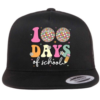 100 Days Of School Teachers Retro Disco 100th Day Of School Flat Bill Trucker Hat