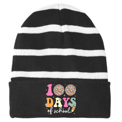 100 Days Of School Teachers Retro Disco 100th Day Of School Striped Beanie with Solid Band