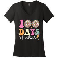 100 Days Of School Teachers Retro Disco 100th Day Of School Women's V-Neck T-Shirt