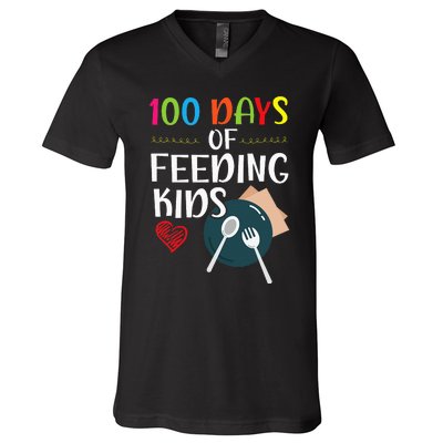 100 Days Of Feeding  Lunch Lady School Canteen V-Neck T-Shirt