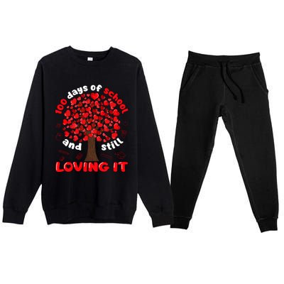 100 Days Of School And I Still Love It Tree Hearts Teacher Gift Premium Crewneck Sweatsuit Set