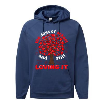 100 Days Of School And I Still Love It Tree Hearts Teacher Gift Performance Fleece Hoodie