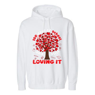 100 Days Of School And I Still Love It Tree Hearts Teacher Gift Garment-Dyed Fleece Hoodie