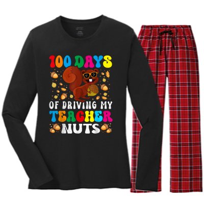 100 Days Of Driving My Teacher Nuts Squirrel Days Of School Women's Long Sleeve Flannel Pajama Set 