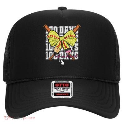 100 Days Of School Softball Coquette Pencil Bow Girl Teacher Gift High Crown Mesh Back Trucker Hat