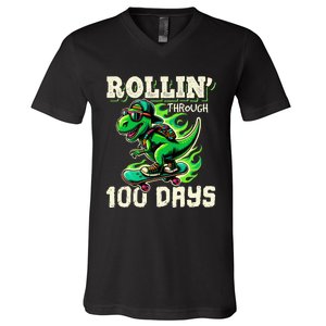 100 Days Of School Teacher 100th Day T Rex Outfit V-Neck T-Shirt