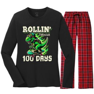 100 Days Of School Teacher 100th Day T Rex Outfit Women's Long Sleeve Flannel Pajama Set 