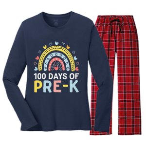 100 Days Of Pre K Rainbow Happy 100th Day Of School Teacher Women's Long Sleeve Flannel Pajama Set 