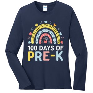 100 Days Of Pre K Rainbow Happy 100th Day Of School Teacher Ladies Long Sleeve Shirt