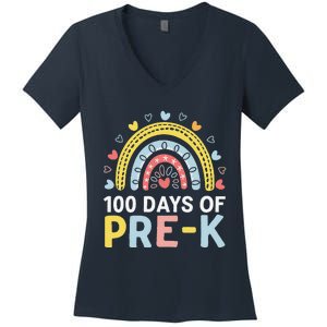 100 Days Of Pre K Rainbow Happy 100th Day Of School Teacher Women's V-Neck T-Shirt