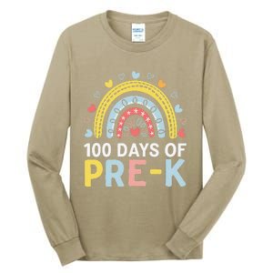 100 Days Of Pre K Rainbow Happy 100th Day Of School Teacher Tall Long Sleeve T-Shirt