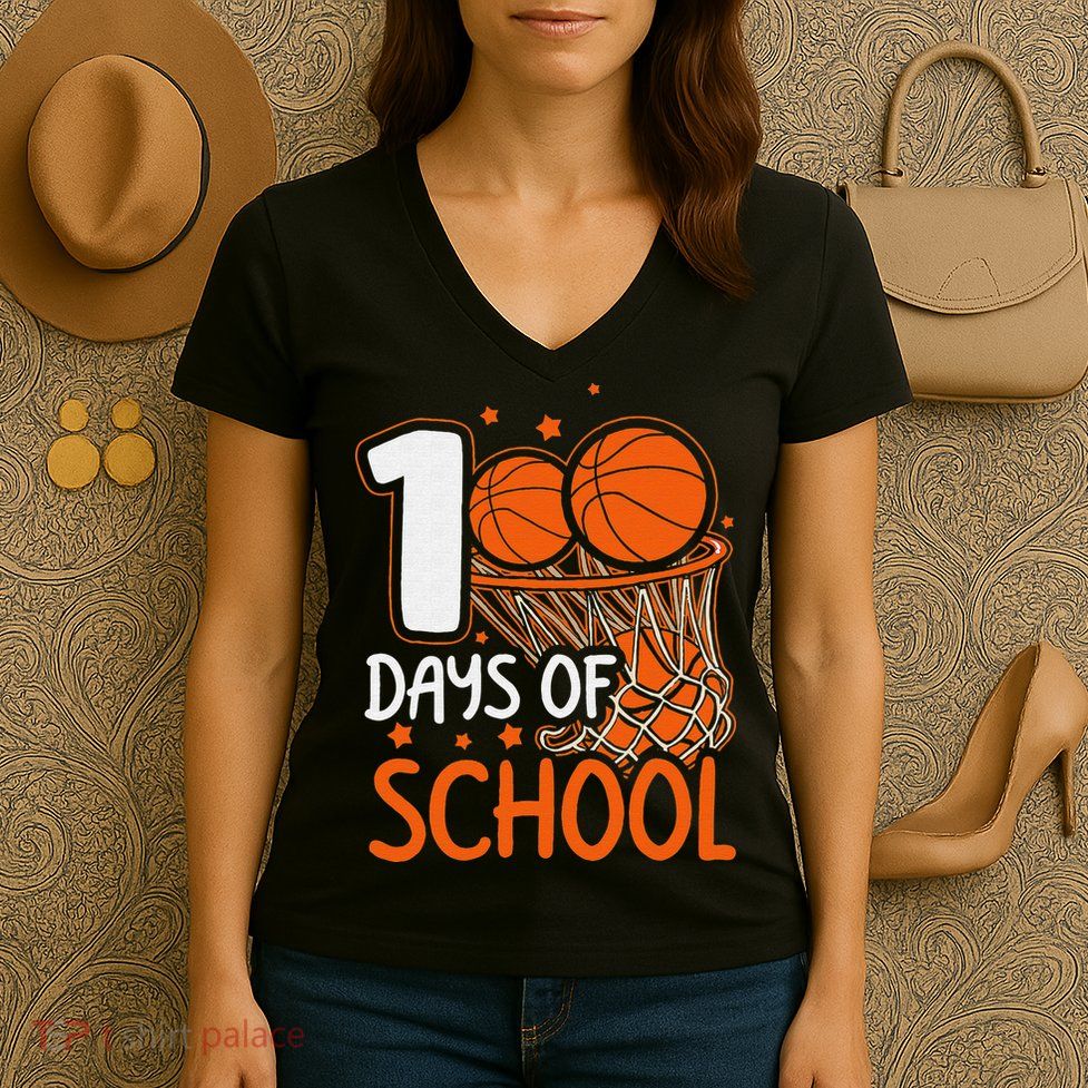 100 Days Of School Basketball 100th Day Balls Women's V-Neck T-Shirt