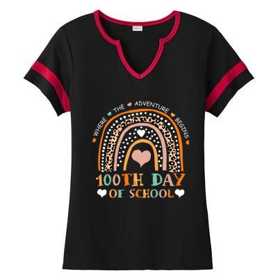 100th Day Of School Leopard Rainbow Teacher 100 Days Smarter Cool Gift Ladies Halftime Notch Neck Tee