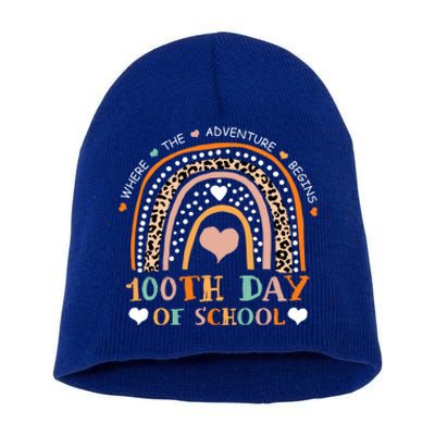 100th Day Of School Leopard Rainbow Teacher 100 Days Smarter Cool Gift Short Acrylic Beanie