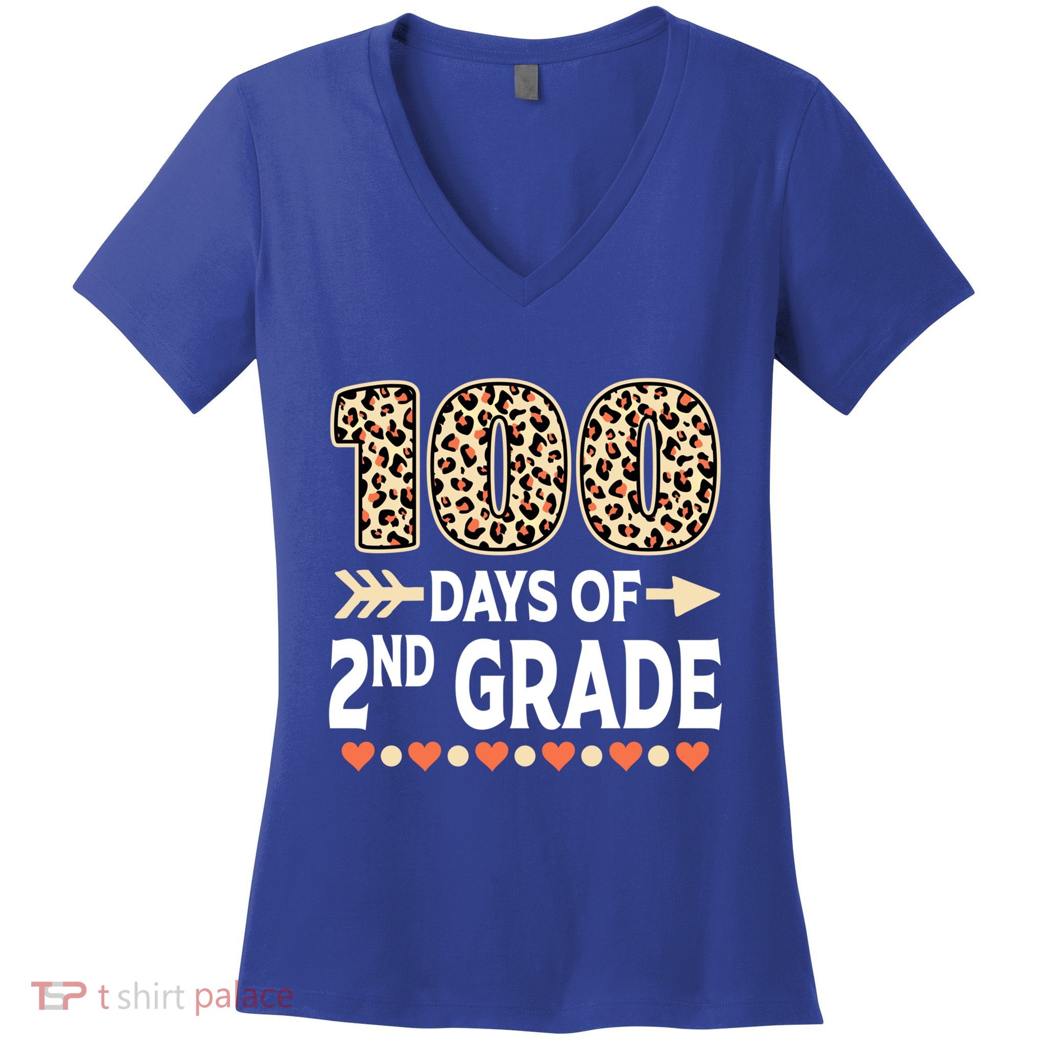 100 Days Of Second Grade Teacher 100Th Day Of School Leopard Gift Women's V-Neck T-Shirt