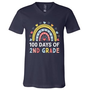 100 Days Of 2nd Grade Rainbow Happy 100th Day Of School V-Neck T-Shirt