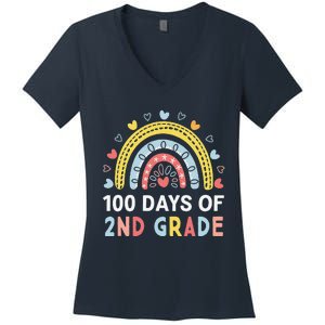 100 Days Of 2nd Grade Rainbow Happy 100th Day Of School Women's V-Neck T-Shirt