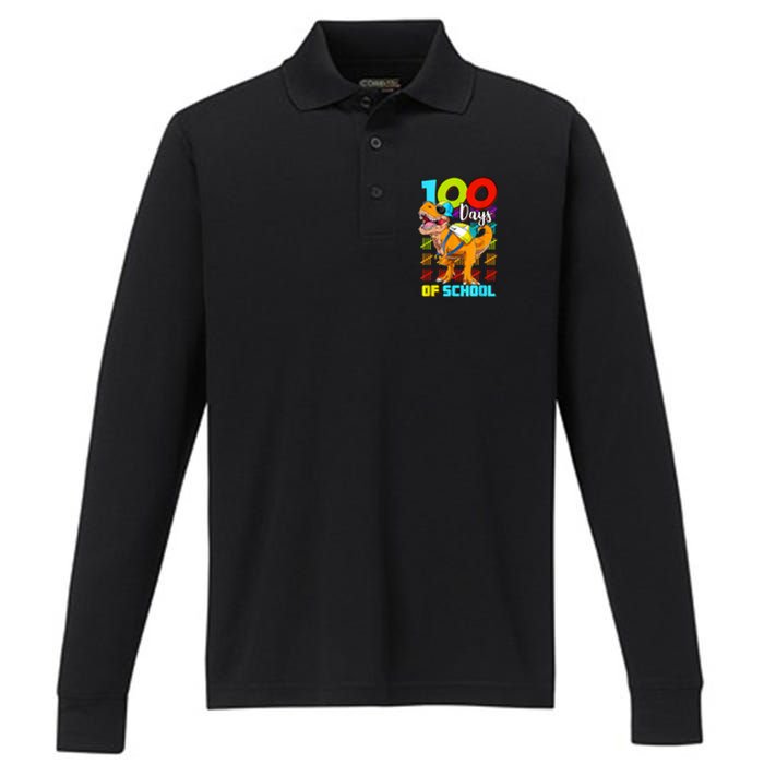 100 Days Of School Dinosaur Performance Long Sleeve Polo