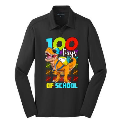 100 Days Of School Dinosaur Silk Touch Performance Long Sleeve Polo