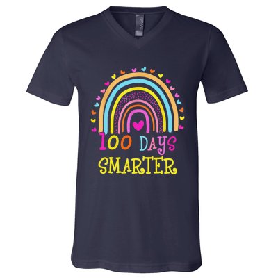 100th Day Of School Teacher 100 Days Smarter Rainbow V-Neck T-Shirt