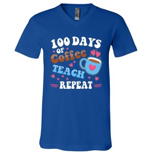 100 Days Of Coffee Teach Repeat 100th Day Of School Teacher Great Gift V-Neck T-Shirt