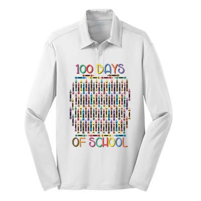 100 Days Of School Teacher Student Funny Silk Touch Performance Long Sleeve Polo