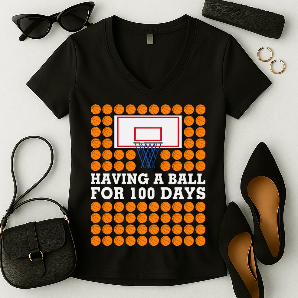 100th Day Of School Basketball Balls 100 Basket Balls Basketball Hoop Women's V-Neck T-Shirt