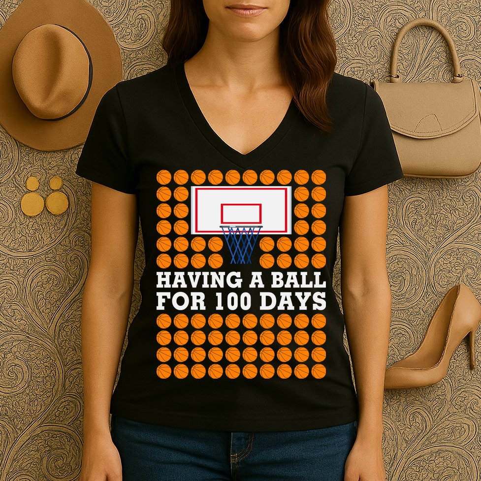 100th Day Of School Basketball Balls 100 Basket Balls Basketball Hoop Women's V-Neck T-Shirt