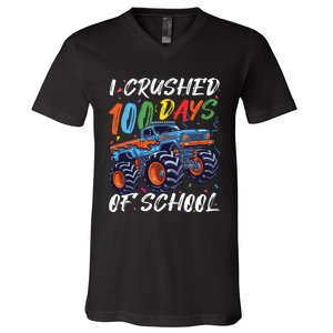 100 Days Of School Monster Truck Students And Teachers V-Neck T-Shirt