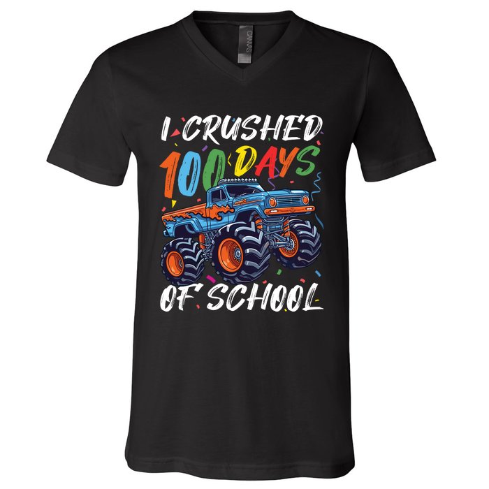 100 Days Of School Monster Truck Students And Teachers V-Neck T-Shirt