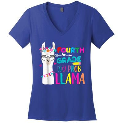 100th Day Of School Teacher Gift 100 Days Smarter No Prob Llama Gift Women's V-Neck T-Shirt