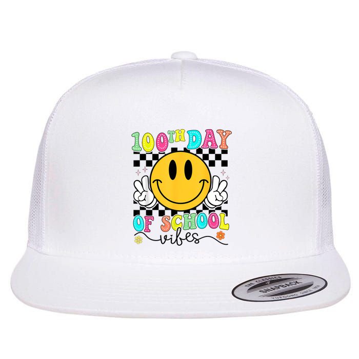 100th Day Of School Vibes Cute Smile Face 100 Days Groovy Flat Bill Trucker Hat
