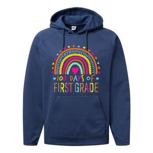 100 Days Of First Grade Leopard Rainbow 100th Day Of School Performance Fleece Hoodie