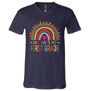 100 Days Of First Grade Leopard Rainbow 100th Day Of School V-Neck T-Shirt