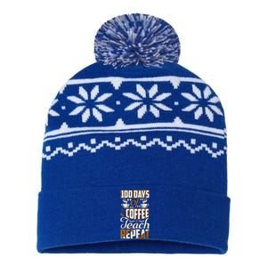 100 Days Of Coffee Teach Repeat Funny Coffee Lover Retro Cute Gift USA-Made Snowflake Beanie