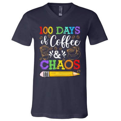 100 Days Of Coffee & Chaos 100th Day School Teacher Gift V-Neck T-Shirt