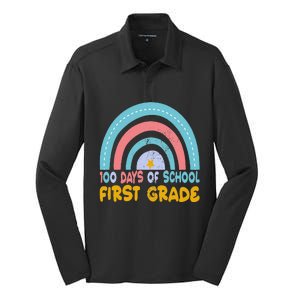 100 Days Of School First Grade Teacher Student 100th Day Silk Touch Performance Long Sleeve Polo