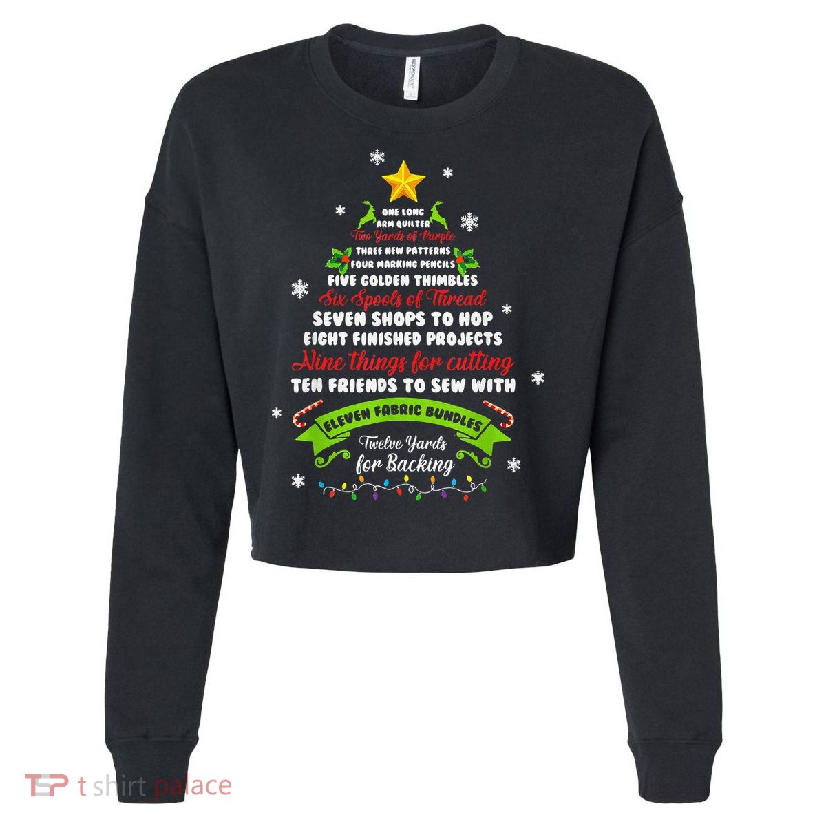 12 Days Of Christmas Funny Quilting Sewing Xmas Tree Lights Cropped Pullover Crew