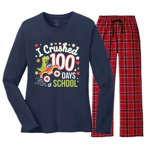 100 Days Of School Monster Truck 100th Day Of School Trex Women's Long Sleeve Flannel Pajama Set 