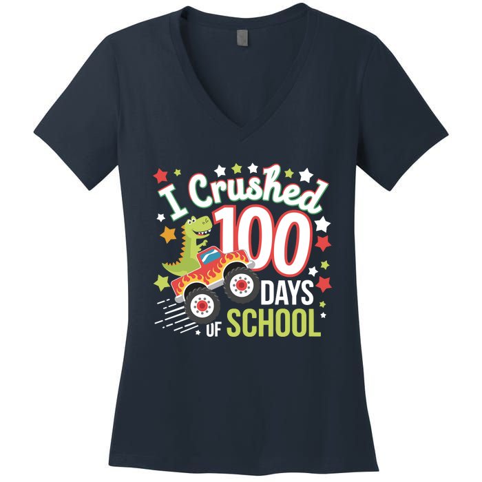 100 Days Of School Monster Truck 100th Day Of School Trex Women's V-Neck T-Shirt