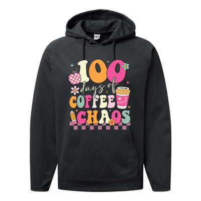 100 Days Of Coffee Chaos Lover Teacher Performance Fleece Hoodie