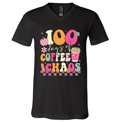 100 Days Of Coffee Chaos Lover Teacher V-Neck T-Shirt